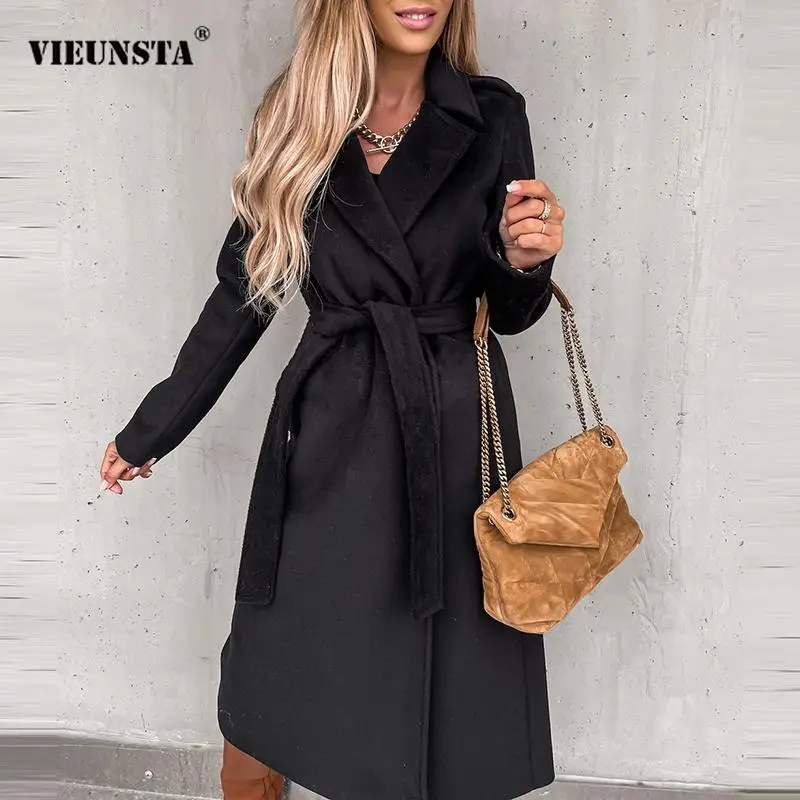 

Зимнее элегантное шерстяное пальто с длинным рукавом, 2021, однотонные женские пальто с лацканами, Осенний Повседневный Простой Длинный Кард...