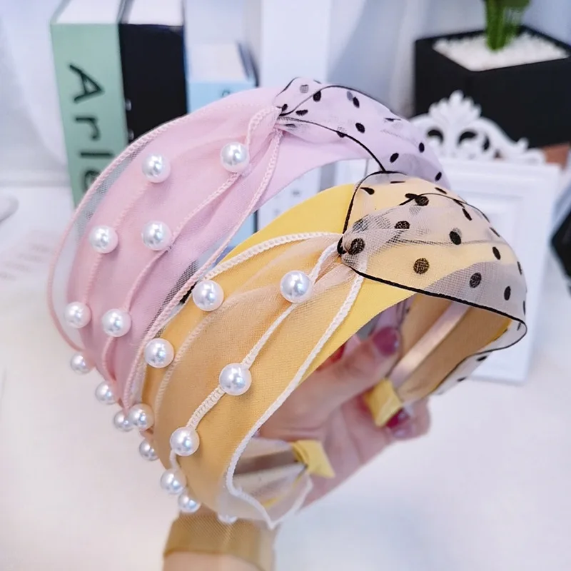 Ободок для волос женский в горошек обруч с жемчужинами и сеткой аксессуар на