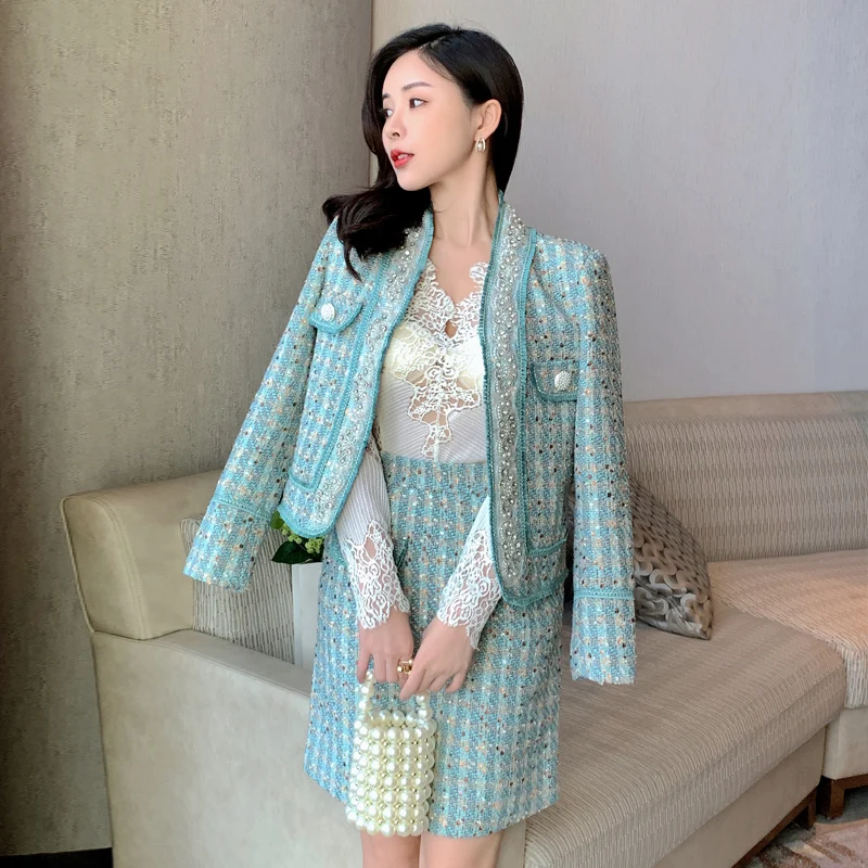 

High Quality Vintage Small Fragrance Elegant Tweed Jacket Coat And Mini Skirt Suits 2 piece Sets 2021Women Fall New Fashion Suit