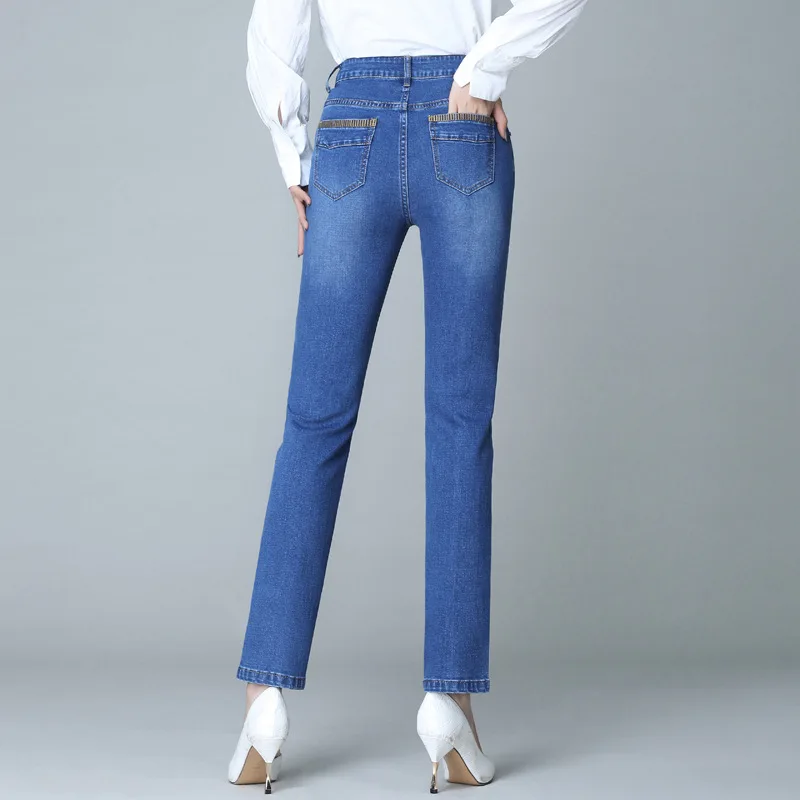 Женские эластичные джинсы с высокой талией повседневные Прямые брюки большого