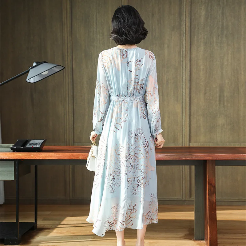 

Brand 100% Mulberry Silk Dress Women's Long Sleeve 2021 Spring Clothing New Fashion Large Size Floral Dress