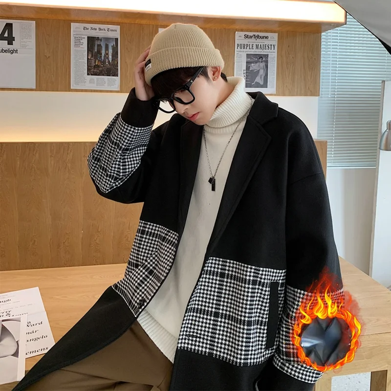 

Зимняя мужская клетчатая куртка YASUGUOJI, повседневное длинное пальто в клетку с отложным воротником, мужское толстое теплое шерстяное пальто ...