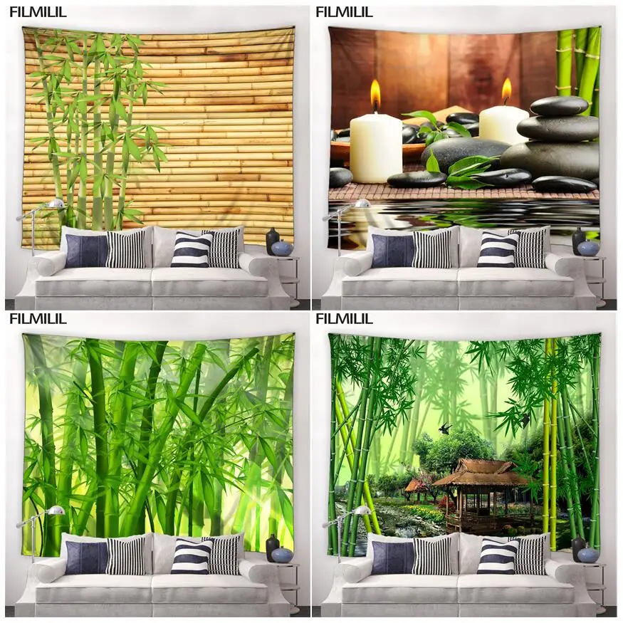 

Зен зеленый бамбуковый гобелен, 3D деревенский пейзаж, гобелены в китайском стиле, домашний ландшафт для кабинета, настенный подвесной ландшафт, богемное одеяло