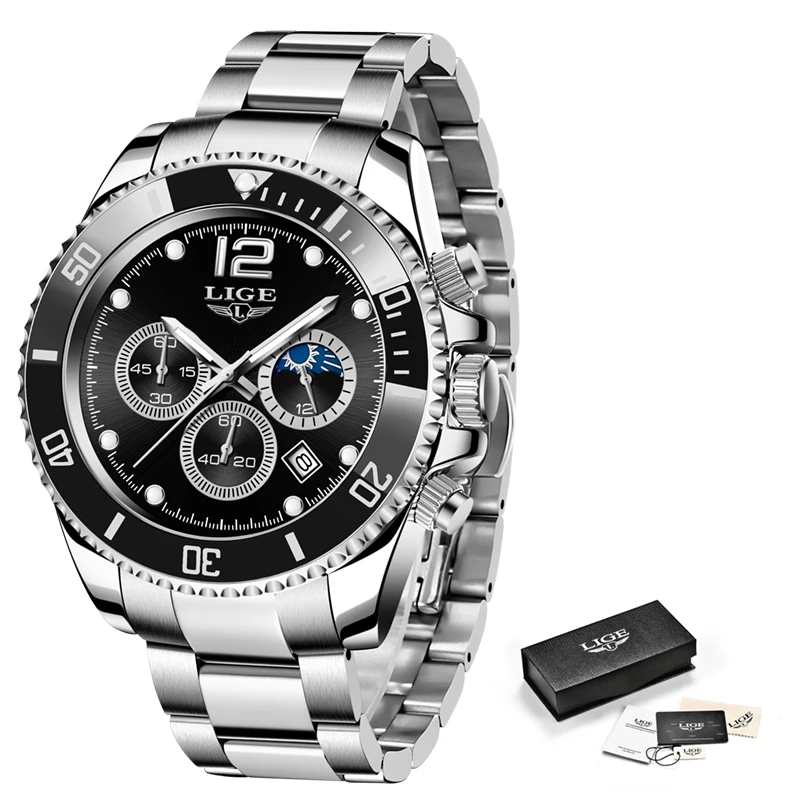 

LIGE 2021 Fashion New Diver Mens Watches Top Brand Luxury Waterproof Quartz Watch For Men Stainless Steel Sport Chronograph+Box