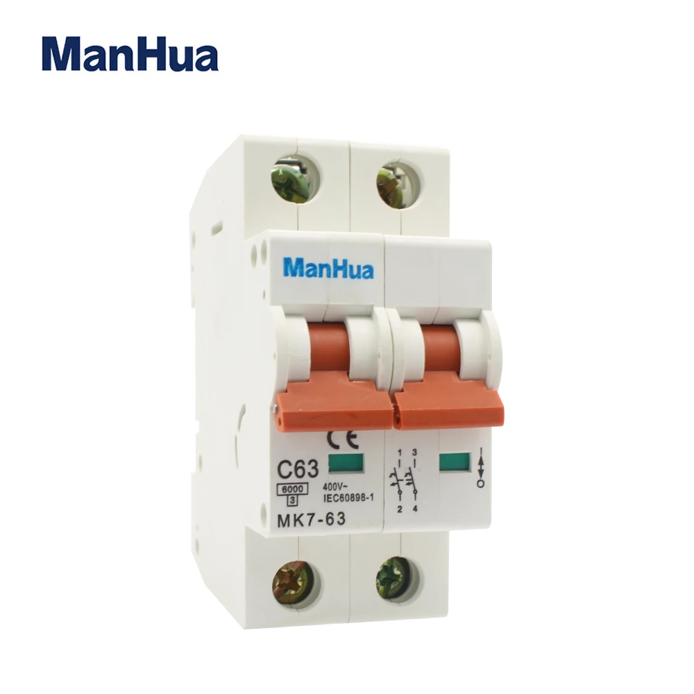 Manhua MCB MK7-63 C63 2P 63A 400VAC breaking capacity Overload Protection Short circuit protection Miniature Circuit Breaker |