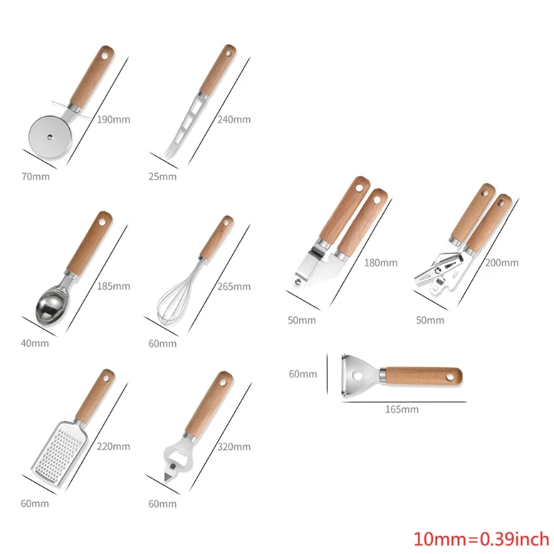

OOTDTY 9PCS Kitchen Gadgets Wooden Handle Kitchenware Stainless Steel Eggbeater Sundries Baking Set Pizza Cheese Knife