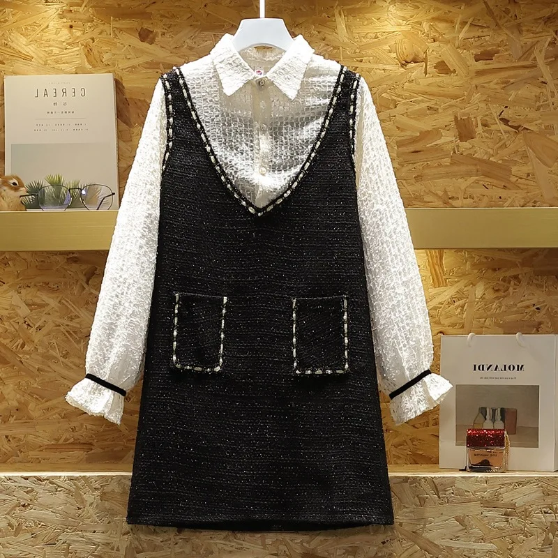 

2020 autumn women false two pieces tweed dress plus size turn down collar long sleeve mini knitted weave dresses 3XL 4XL JC339