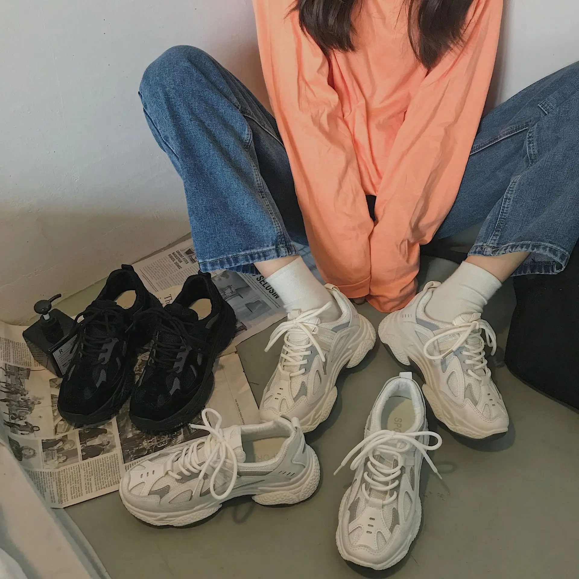 Women Sneakers Platform Chunky Fashion Mesh Casual Shoes Reflective Comfortable Thick Sole Ladies White Flats Vulcanize Shoes