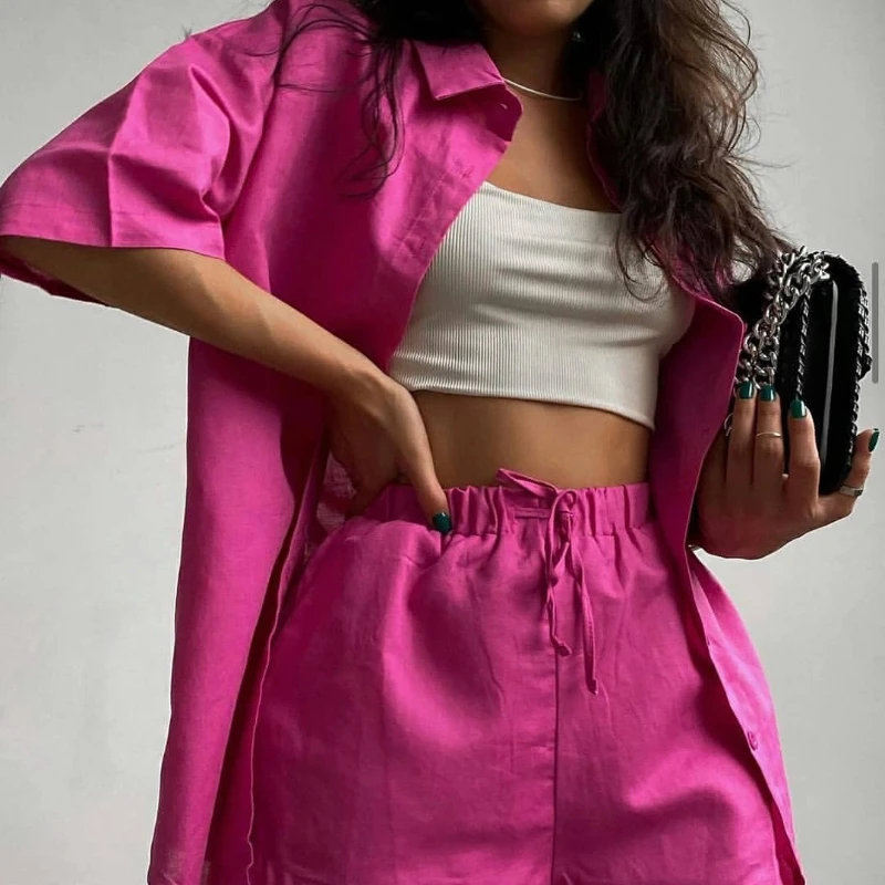 

2021 Casual Lounge Wear Summer Solid Tracksuit Women Shorts Set Short Sleeve Shirt Tops and Loose Mini Shorts Two Piece Set
