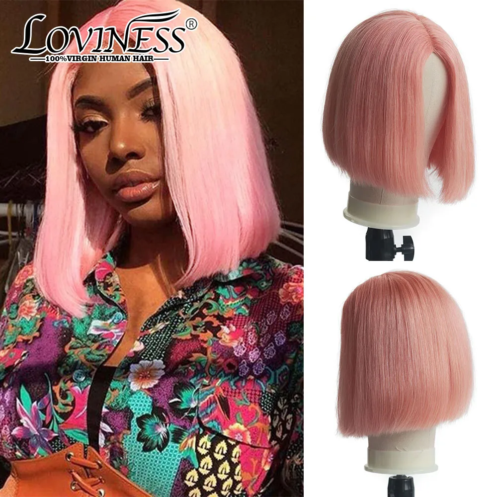 

Pink Bob No Lace Front Human Hair Wigs Colored Straight Glueless Brazilian Remy Middle Part Machine Made Short Blunt Cut Bob Wig