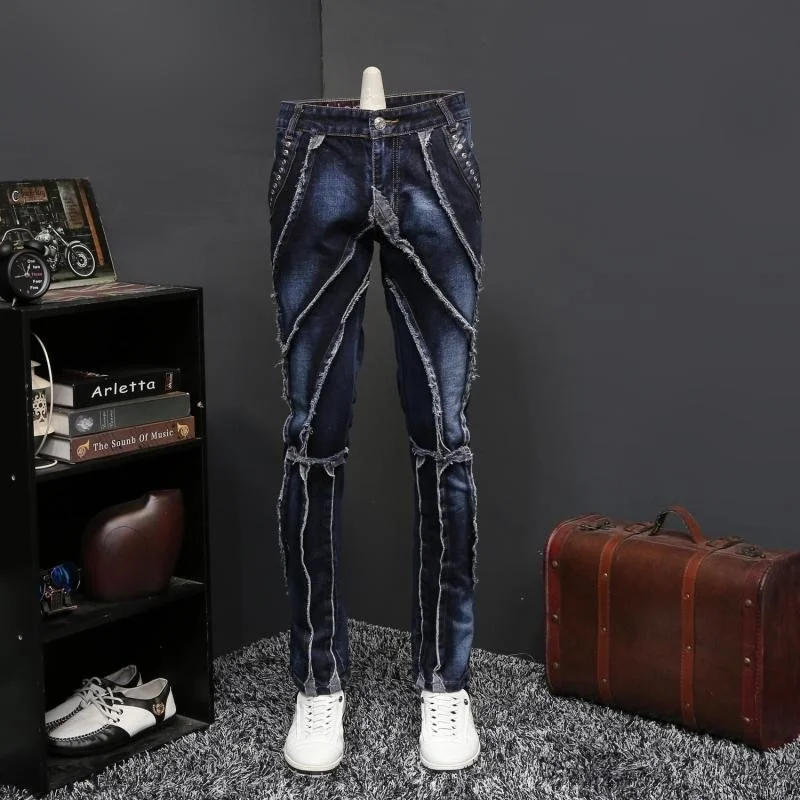 Brand New Patchwork Men Denim Pants Streetwear Classic Blue Fashion Slim Fit Male Distressed Frayed Punk Style Straight Jeans