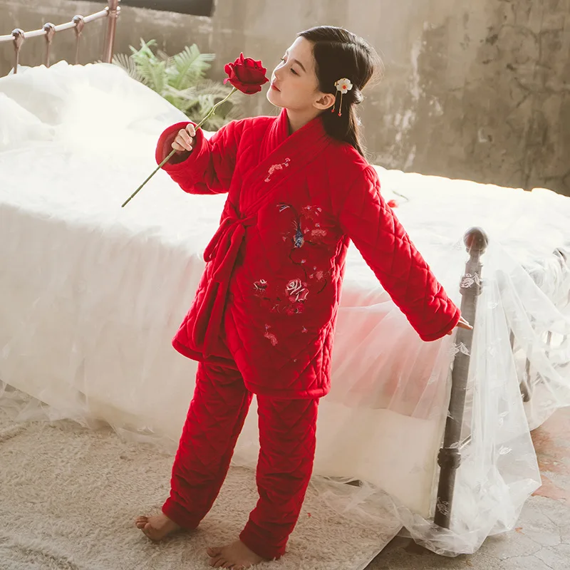 

Kids Pijamas Girls' Winter Pajamas Long Sleeve Coral Fleece Home Wear Flannel Children's New Year Hanfu Sleepwear Cotton-padded