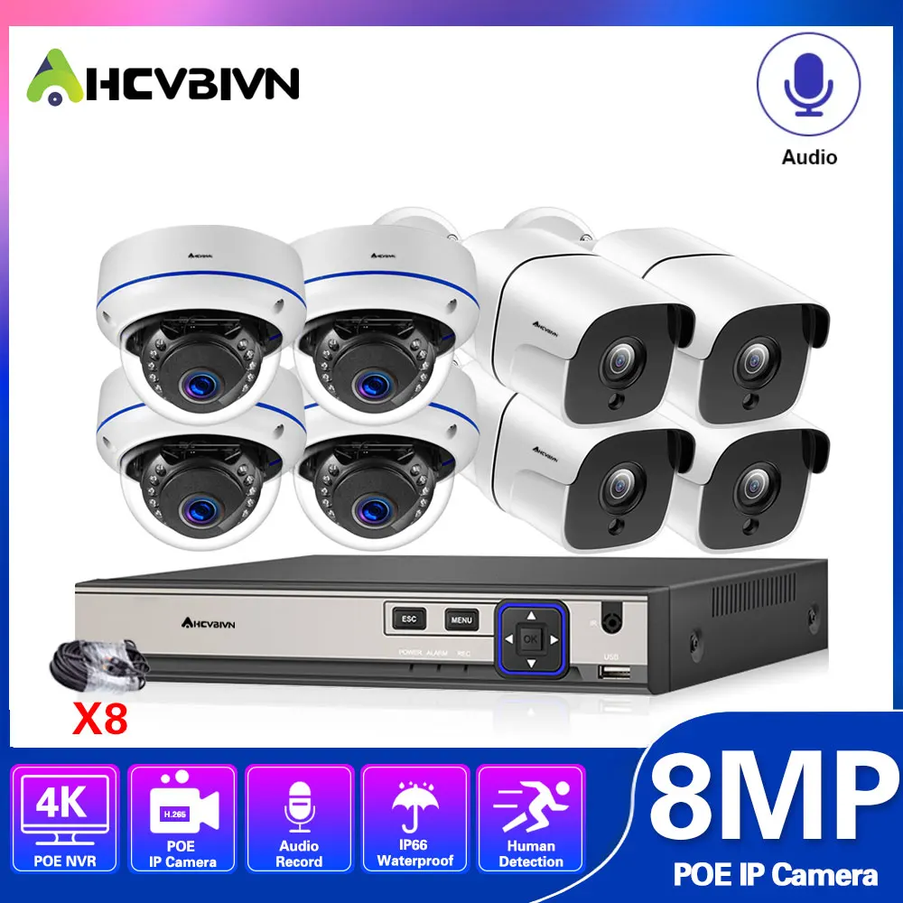 

AHCVBIVN H.265 8CH 4K NVR 4/8pcs 8MP POE IP Security Camera Face Detection System Indoor/Outdoor IP Security Kit IP66 30m IR