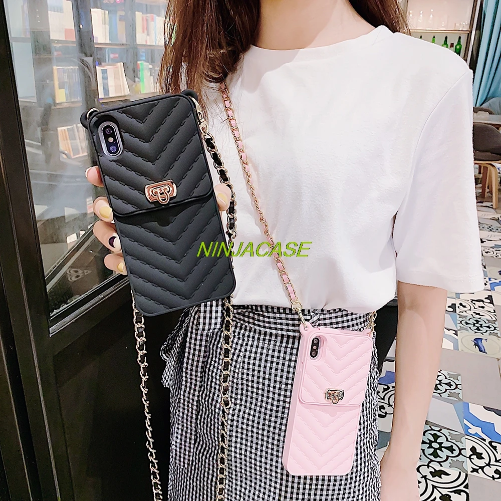 Fashion Wallet phone case For iPhone 6s 7 8 Plus 11 Pro max XR XS Max metal buckle crossbody chain card package |