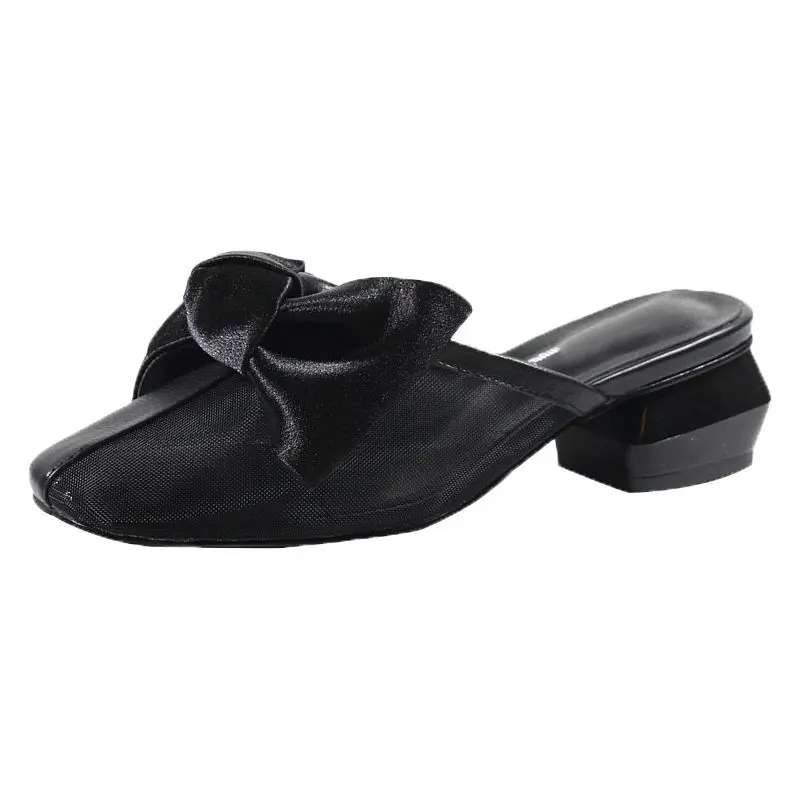 

Woman Block Heels 5CM Slippers Mules Talons Feminino Ladies Bowtie Pu Leather Patchwork Mesh Chaussure Half Slides Shoes Size 35