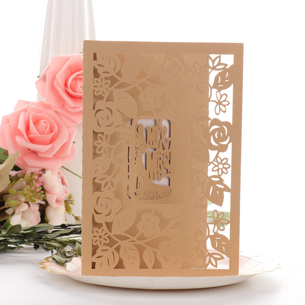 Свадебные Приглашения карты Золотая лазерная резка выдалбливают