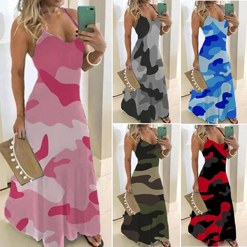 

Summer Fashion Women's Sexy Camisole Slim Slim Casual Camouflage O-neck Print Long Dress Vestidos Loose Maxi Dress