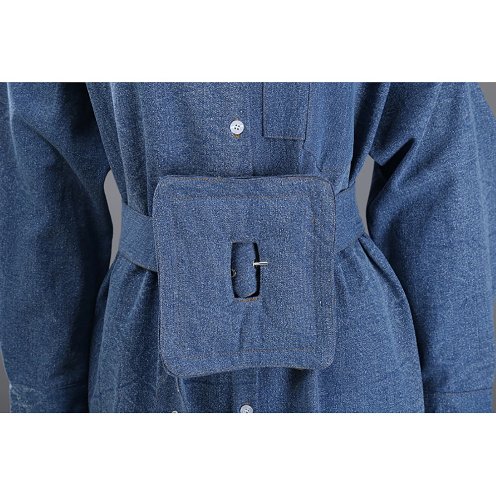 

YUANYUANJYCO Spring Autumn Women Knee Length Casual Denim Dresses LLYQ88 Fashion A-Line High Waist Belt Midi Jean Clothes