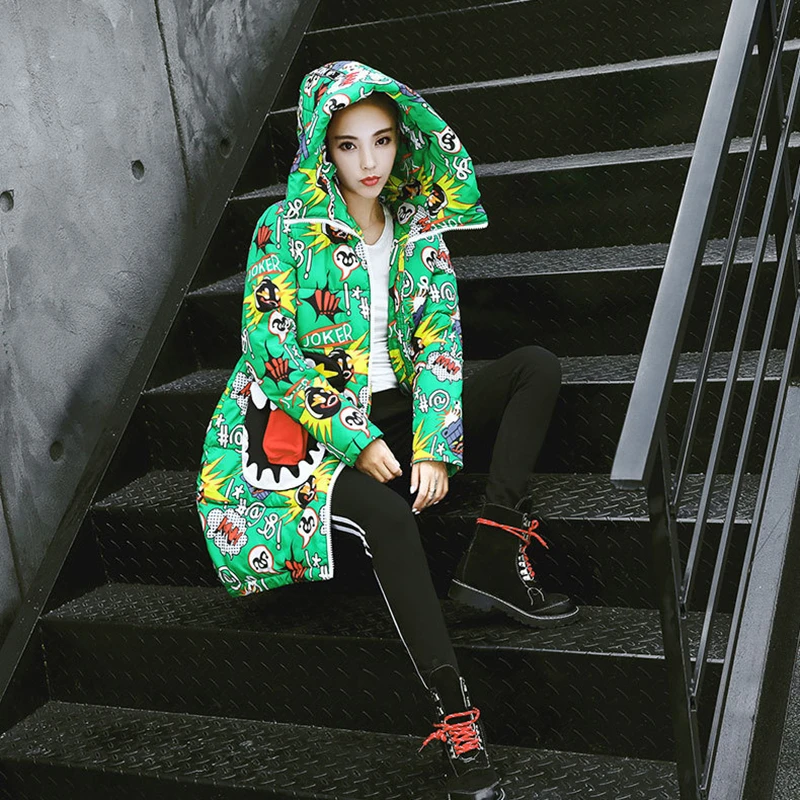 GALCAUR Print Cartoon Women's Down Jackets Hooded Long Sleeve Zipper Warm Thick Female Coats 2019 Winter Plus Size Fashion New | Женская