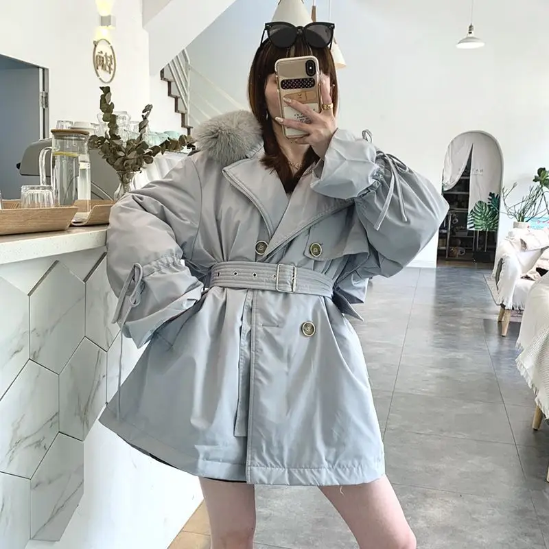 

New winter ladies casual cotton Thick warm Overcoat Women Double-breasted fur collar trench Loose down coat Jackets DSX004