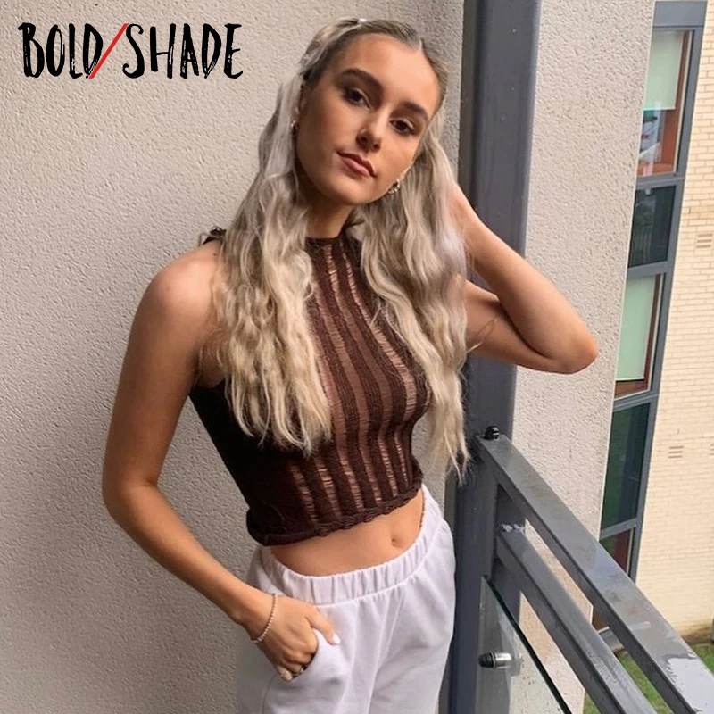 

Bold Shade Soft Grunge Fashion Women Tanks Knit Sleeveless Brown Tank Tops Summer 2021 Street Trend Indie Sexy Skinny Crop Top