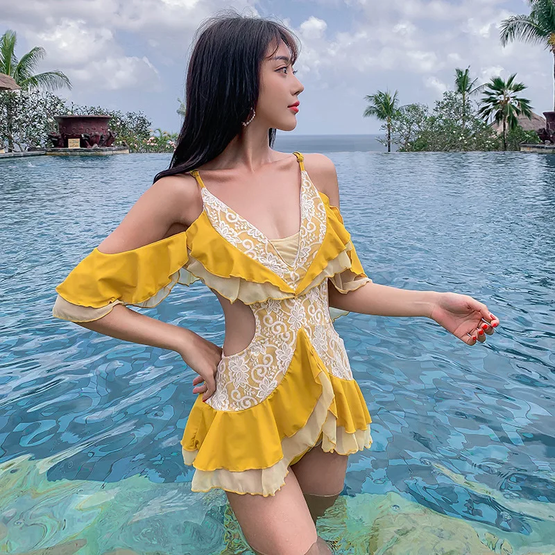 Сексуальный кружевной Цельный купальник Женская однотонная одежда для плавания