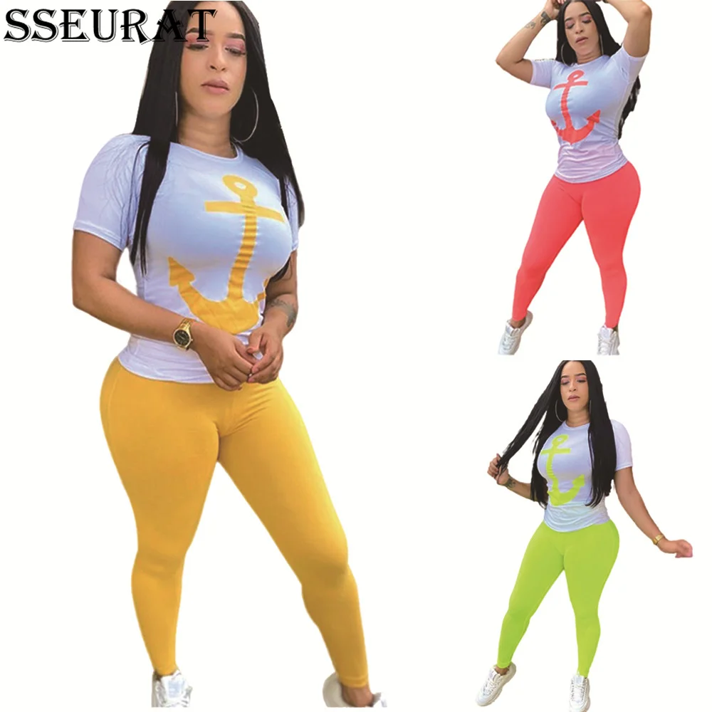 

SSEURAT Printting Short Sleeve Round Neck T-Shirt and Solid Color Pencil Trousers Women Casual Suits 2021 Summer Sexy Two Piece