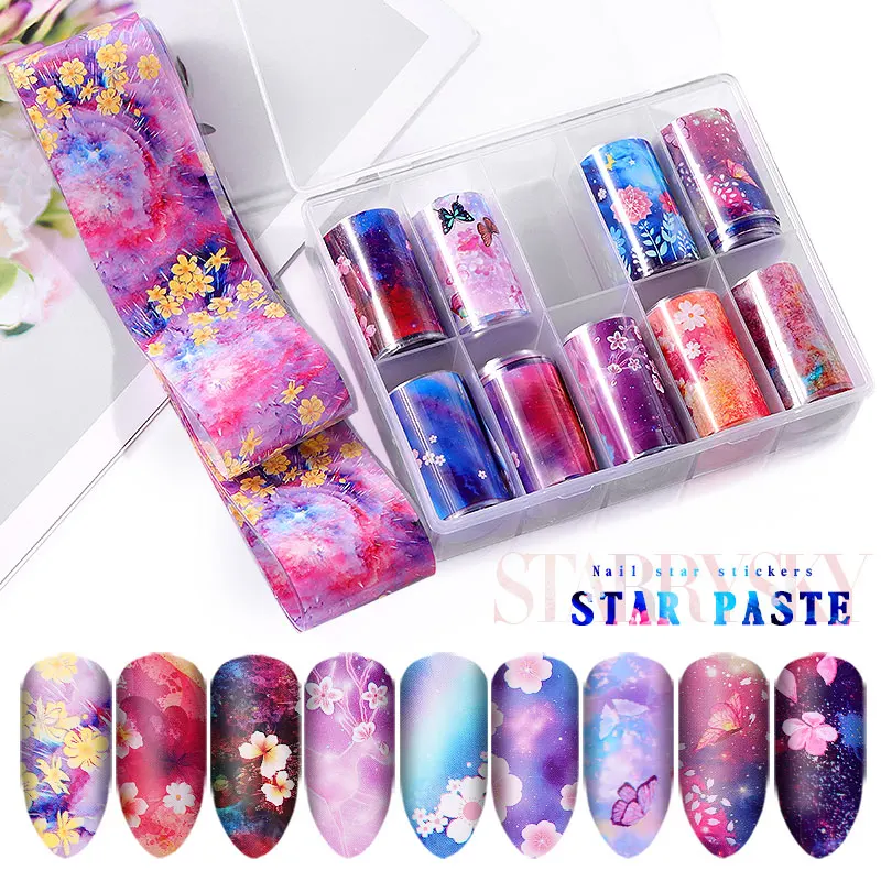 

10Pcs Laser Flower Starry Transfer Paper Charm Nail Art Decorations Kits Shining Holographic flower Sky Nails Art Stickers Decal