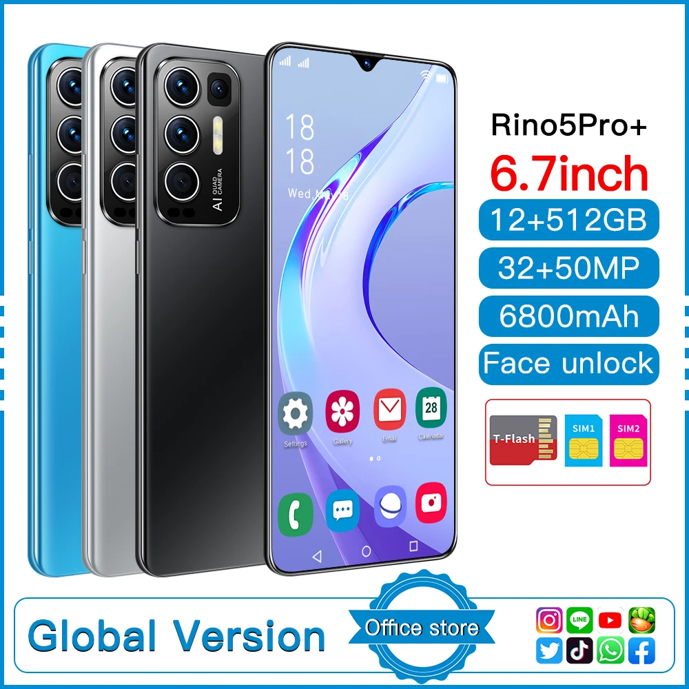 

Rino5 Pro+ Smartphones Newest 2021 6.0 Inch 12+512GB Face Fingerprint Unlock 32+50MP 10 Core 6800mAh Andriod Cellphone MTK6889