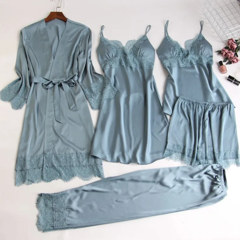 GreyBlue Брендовый костюм из 5 предметов, кружевная атласная Женская пижама, комплект, Осень-зима, с длинным рукавом, сексуальная шелковая пижама, Повседневная Домашняя одежда, женская пижама - Цвет: GreyBlue