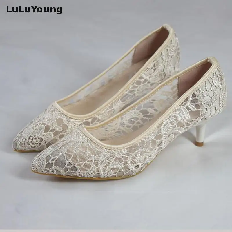 Женские туфли кружевные свадебные на высоком каблуке сетчатые с острым носком 5