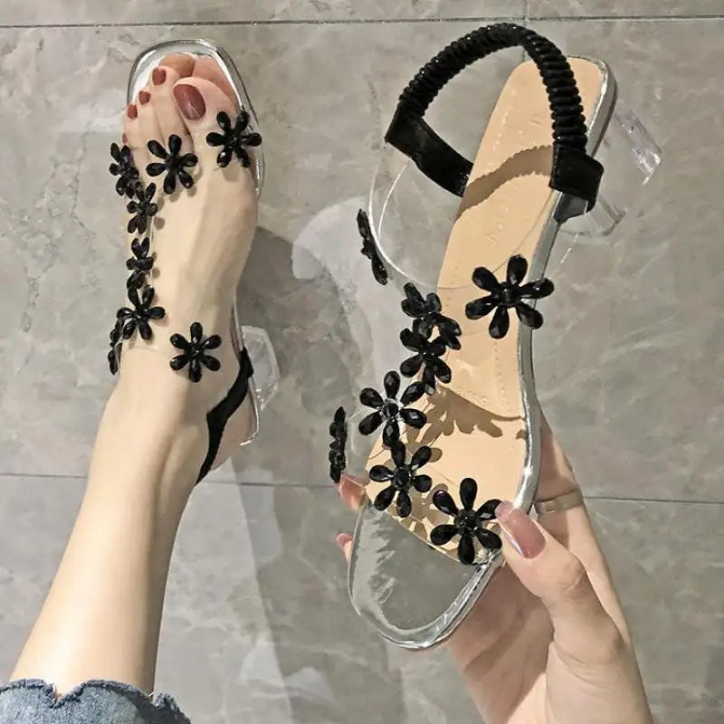 

Roman Sandals 2021 Summer Women's Shoes New Fashion Crystal Transparent Flower Thick Heel High Heels Sandals Gladiator Sandalias
