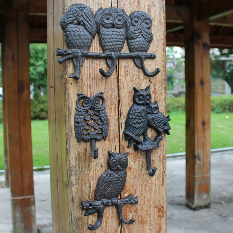 European Style Retro Cast Iron Art Hook Wall Hanging Coat Hook Owl Home Garden Decoration