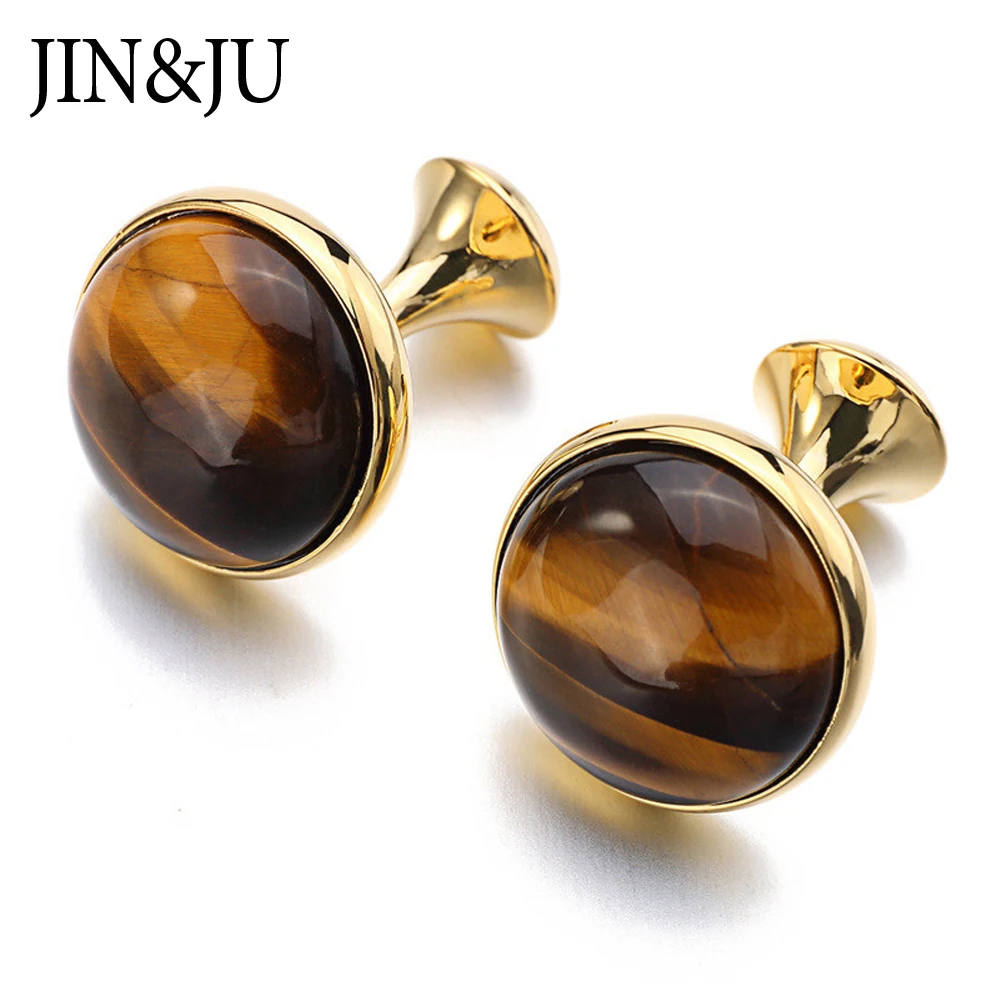 

JIN&JU Classic Wedding Tiger's Eye Stone Cufflinks For Men Luxury High Quality Round Cuff Buttons Relojes Gemelos