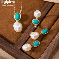 uglyless new popular baroque pearls jewelry sets for women natural pearls turquoise earrings rings necklaces no chain 925 silver
