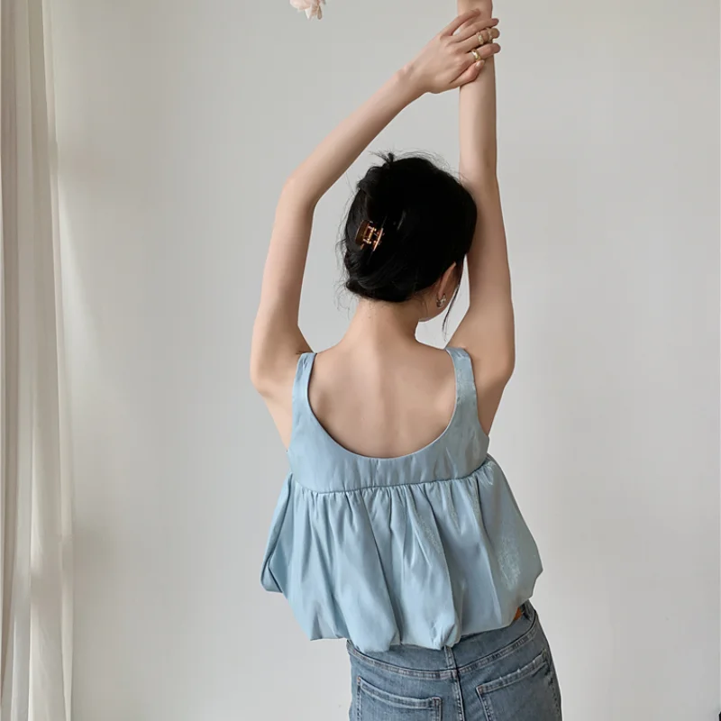 

Kimotimo Women Solid Big Bow Cropped Top 2021 Summer Design Two Wear Korean Tank Top Age Reduction All-match Ladies Clothing