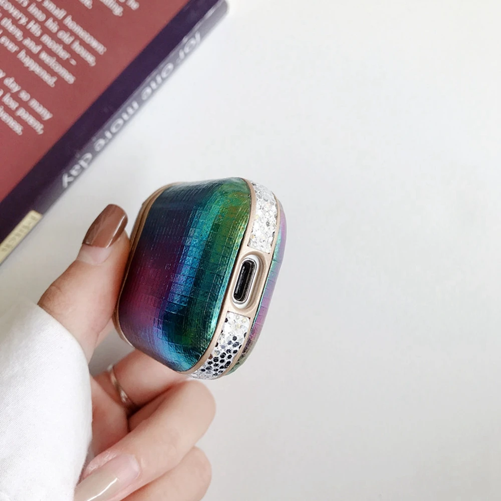 Роскошный чехол для Airpods кожаный с крюком блестящий кожи лазерный дизайн Air Pod 1 2