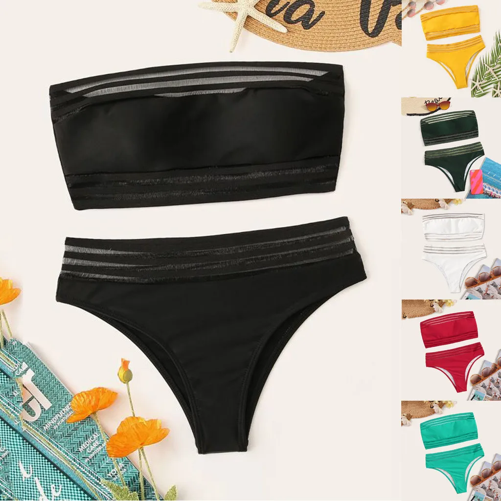 Женский сексуальный сетчатый раздельный купальник бикини однотонный толстый