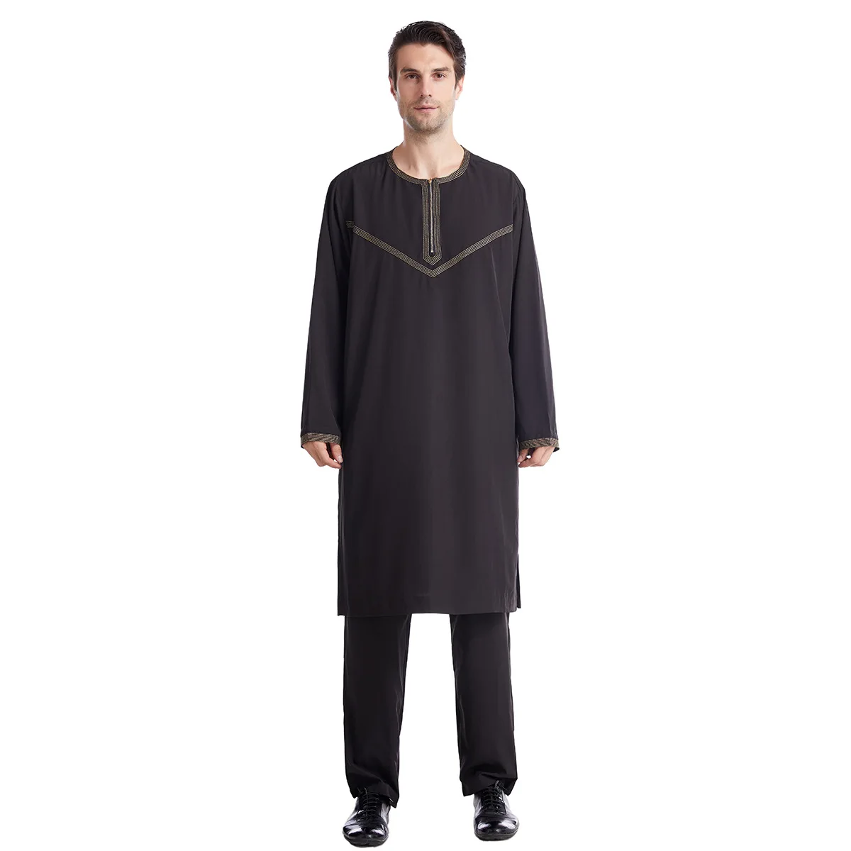 

Fashionable Muslim Arab Middle East Embroidered Men's Robe Set Abaya Kaftan Robe Islamic Mosque Ramadan Prayer Top Pants Set