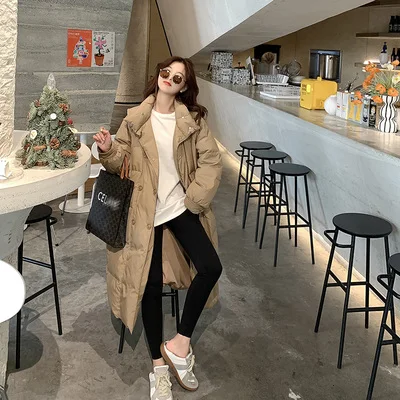 

White duck down jacket women's mid-length winter 2021 loose high-necked down jacket women's western style thin coat