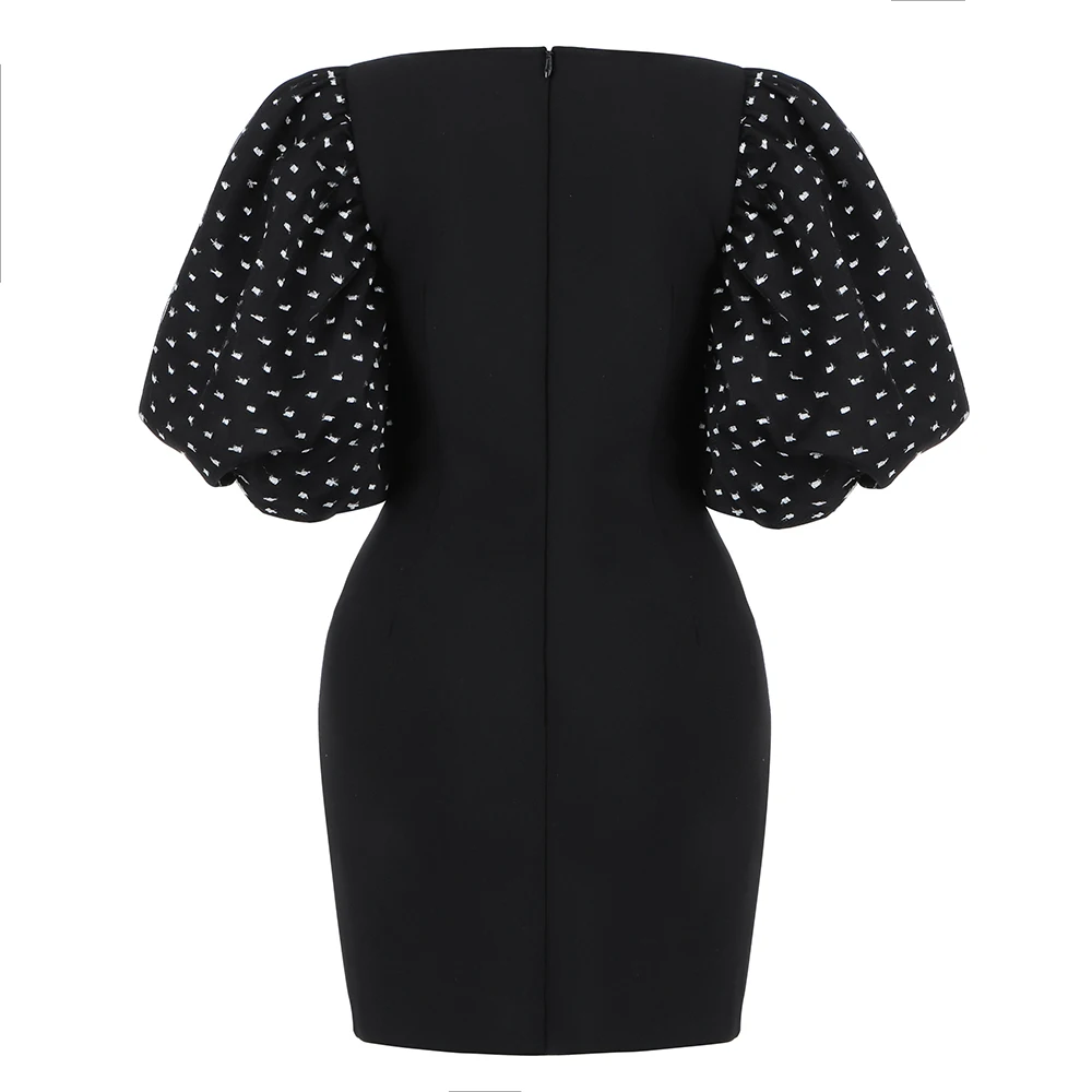 

New Autumn Women's Black Sexy Polka Dots Square Collar Short Sleeves Celebrity Night Club Party Bandage Dress