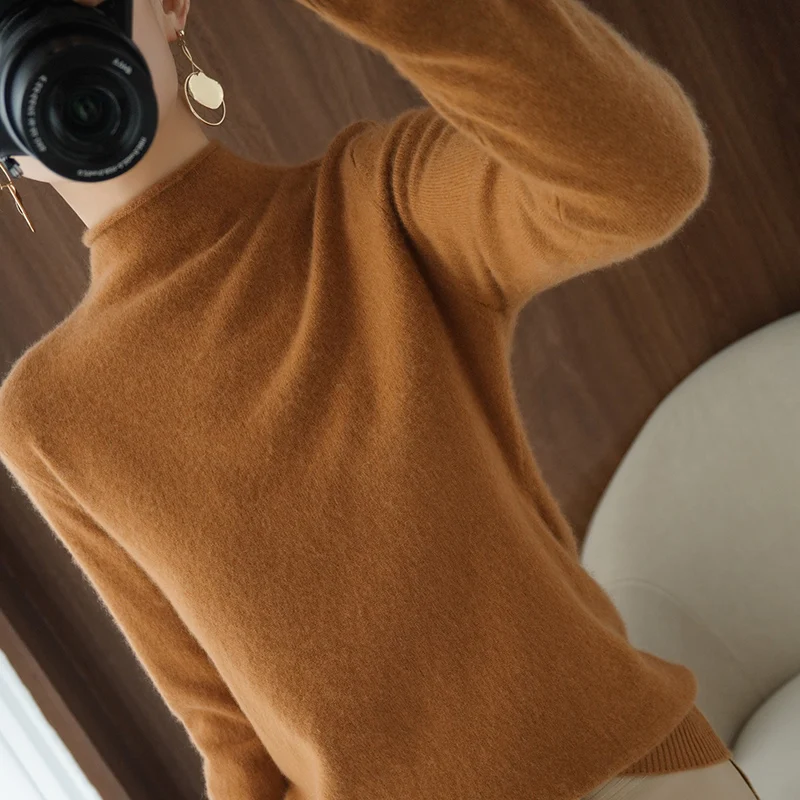 

curling turtleneck sweater for women solid knitted winter natural 100wool pullover full sleeves casual female short jacket