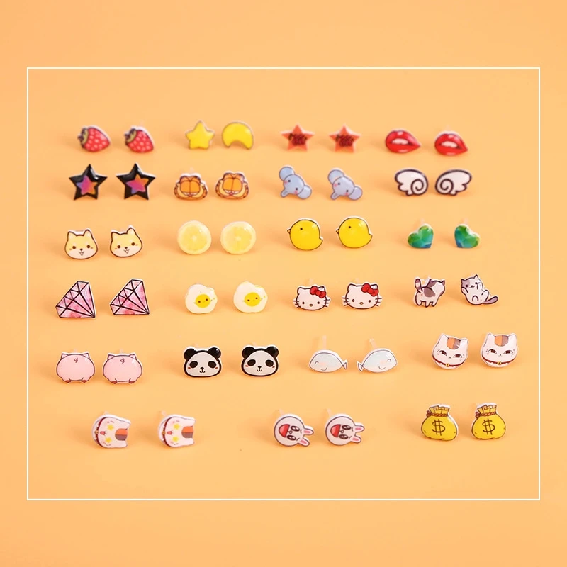 

12 шт./лот простые и милые серьги-гвоздики Harajuku с героями мультфильмов для женщин, ювелирные изделия для пирсинга