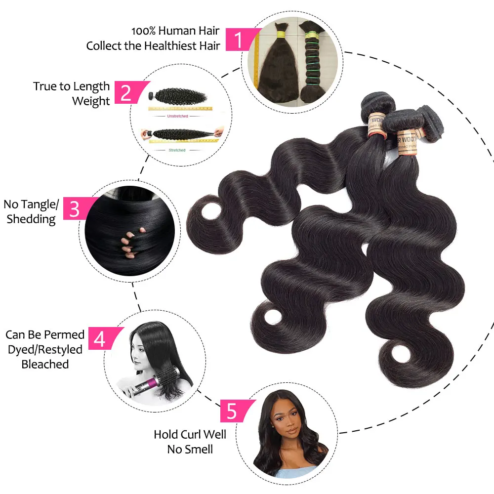 Бразильские объемные волнистые 4 пучка человеческих волос естественного цвета 1B