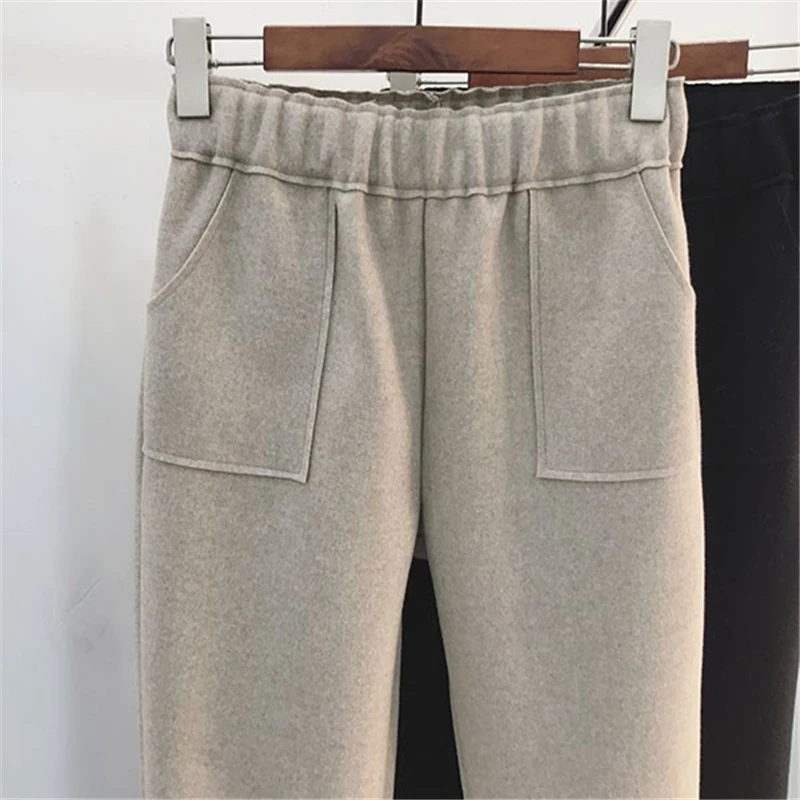 BGTEEVER Autumn Winter Thicken Pants Women Elastic Waist Pockets Woolen Female Pencil Pant Elegant Warm Trousers femme