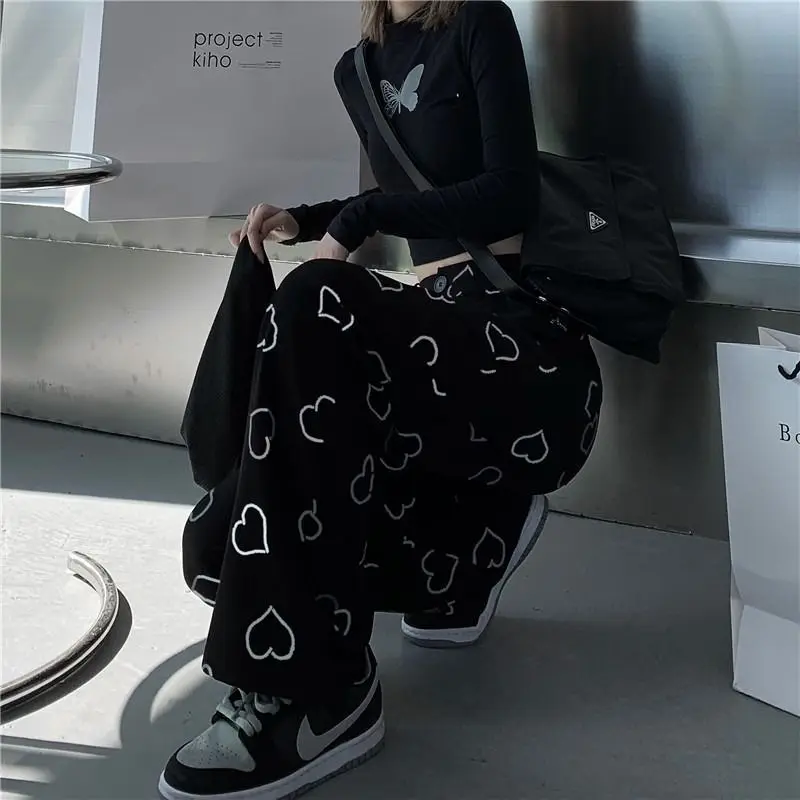 

2021 Spring Fall Women Vintage Korean Style Trouser Hip Hop Wide Leg Pants Female Fashion Casual Harajuku Heart Print Loose Pant
