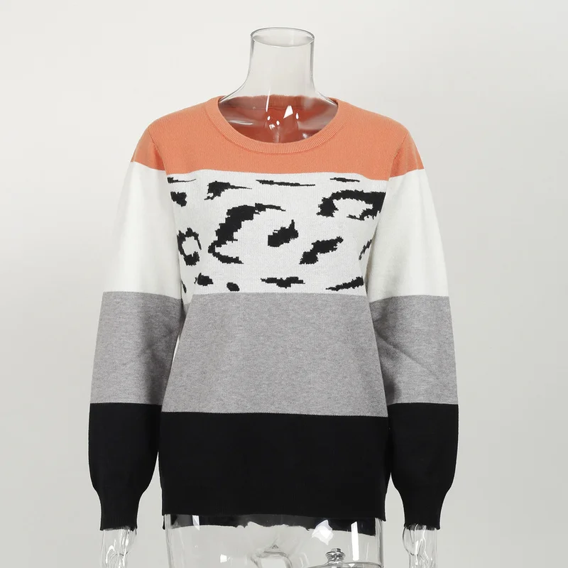 

Leopard Print Stitching Sweater Women's New Casual Striped Contrast Sweater Pullover Jumper Tops Female Fashion Clothes