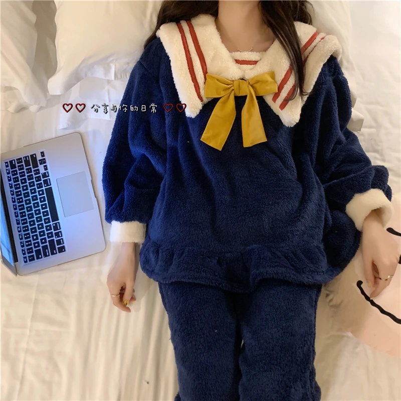 

Sweet Peter Pan Collar Autumn Winter Pajamas Set Women Coral Fleece Pullovers+Pants Set Two Piece Home Suit Korean Sleepwear