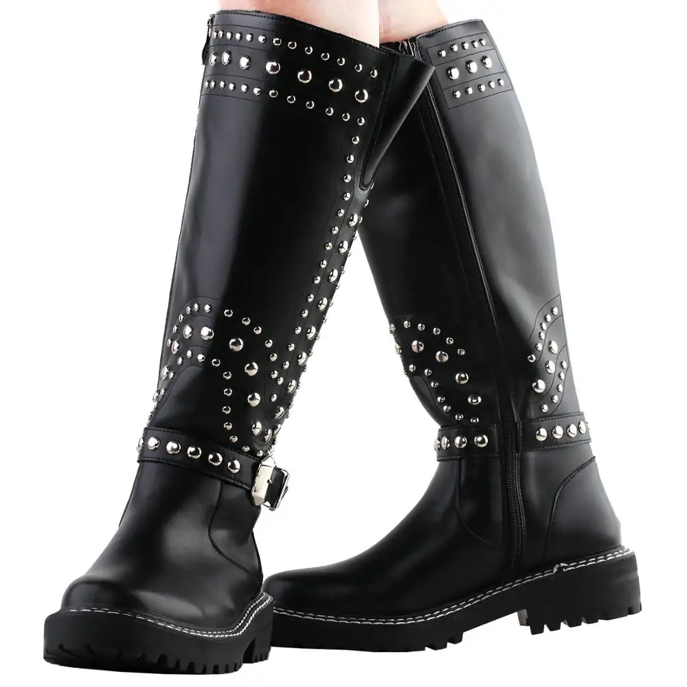 

SHOW STORY Retro Black Studs Buckle Strap Knee High Combat Boots