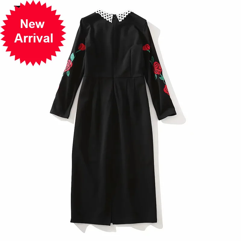 

New 2021 Summer Fashion Designer Vintage Black Dress Women Lace Peter pan Collar Button Flowers Embroidery Dress